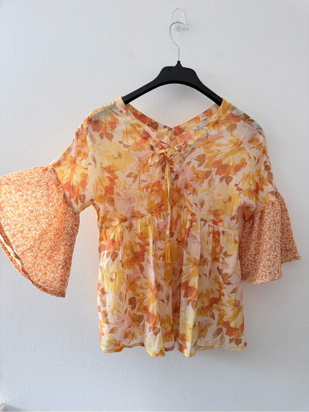 Cato Floral Peasant Top XS Bell Sleeve Tassel Boho Yellow Pink Blouse Women